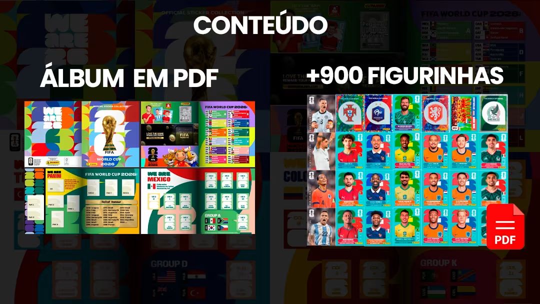 Conteúdo do álbum: PDF com figurinhas organizadas por grupo